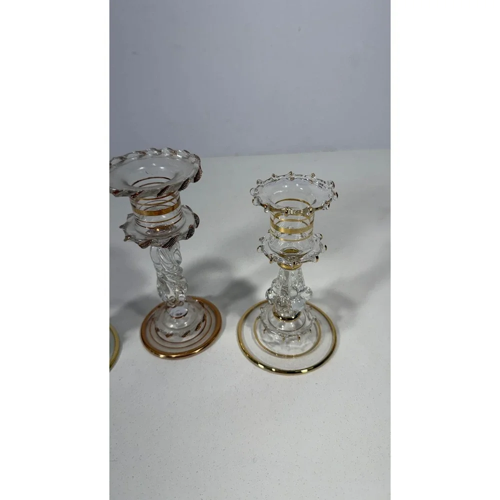 Vintage Murano Style Glass Candlestick Holders Set of 3 Gold Trim Green Clear